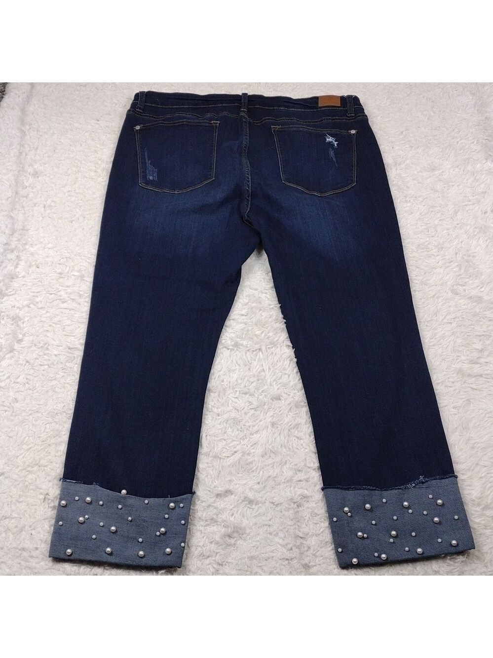Judy Blue Five Pocket High Rise Dark Wash Embellish Cuff Straight Fit Ankle Jean - Picture 12 of 16